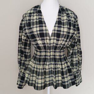 GANNI Plaid Seersucker Blouse in Check Elfin Yellow Size 6-8